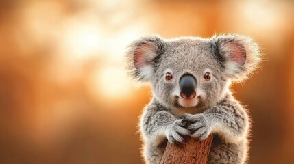 Obraz premium Adorable Koala Clinging to Tree Branch Surrounded by Lush Green Foliage in a Peaceful Australian Forest Setting