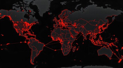 A dark world map with red lines and dots representing data connections or networks.