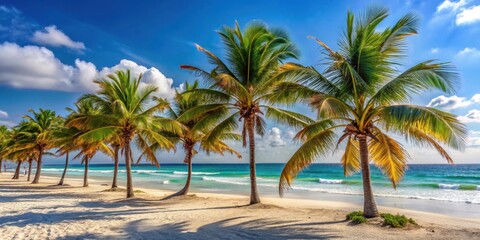Fototapeta premium Palm trees swaying gently in the warm summer breeze on a picturesque beach in Mexico, natural beauty