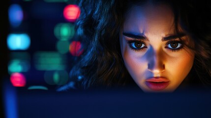Focused Woman Engaged in Digital Work While Staring at Computer Screen in Modern Workspace Surrounded by Tech Tools