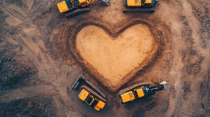 Construction vehicles forming a heart shape in sand, symbolizing love and care in a unique outdoor setting.