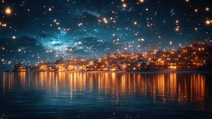 Night Sky, Floating Lights, Lakeside Town, Winter, Magical Scene