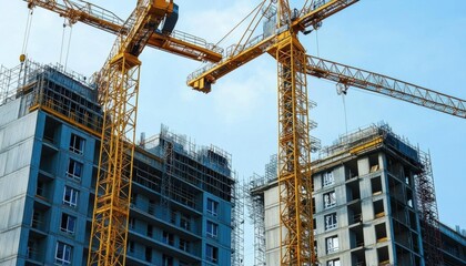 Construction site with cranes and buildings under development.