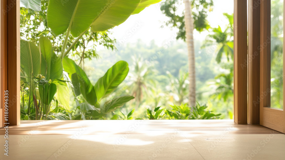 Poster serene view of lush greenery through open doorway, inviting nature inside
