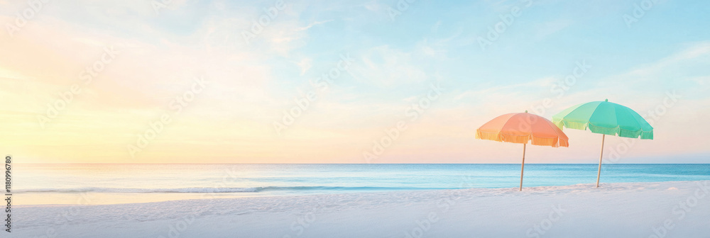 Poster sunset beach scene with colorful umbrellas on sand, creating serene atmosphere