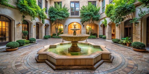empty courtyard with a large stone fountain in the center, natural light, stone fountain