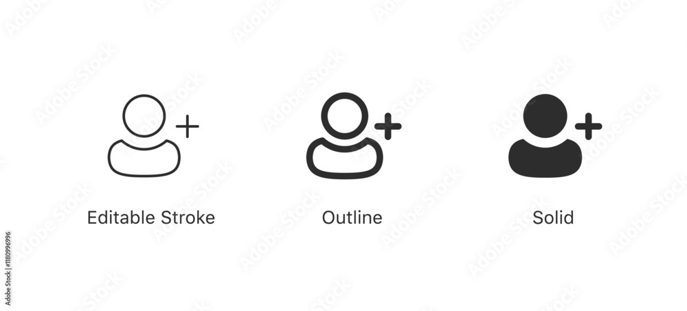 Poster Add new user icon vector male person profile avatar with plus symbol, Add user profile icon . line outline icons, flat style. EDITABLE STROKE
