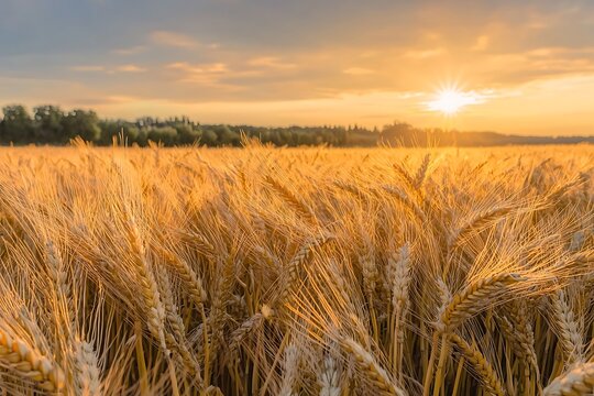 Golden wheat fields swaying under soft sunset light