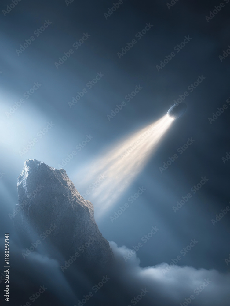 Poster mysterious rock formation emits beam of light into dark sky, creating ethereal atmosphere