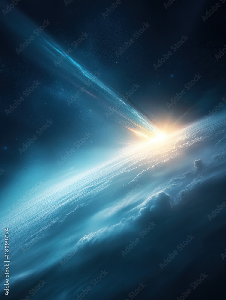 Poster cosmic explosion illuminates distant planet, surrounded by clouds and stars. vibrant colors create s