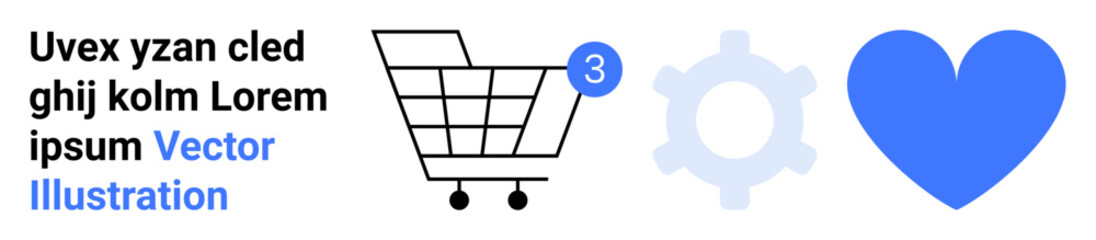 Shopping cart with notification, cogwheel, and heart icons. Ideal for e-commerce, online shopping, digital marketing, app interfaces, user experience, tech services, website design. Landing page