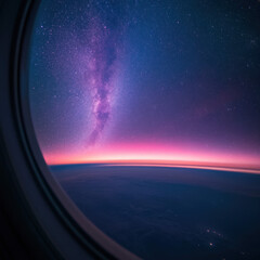 Fototapeta premium stunning view of Milky Way galaxy from airplane window, showcasing vibrant colors and stars. horizon glows with beautiful gradient