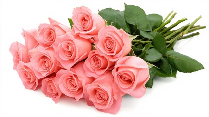 Beautiful Bouquet of Soft Pink Roses with Fresh Green Leaves on White Background