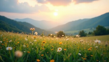 Soft, diffused light illuminates a gently blurred landscape , pastel, sun flare