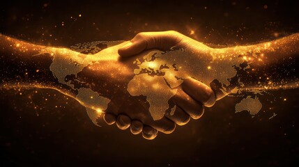 Global partnership handshake, world map overlay, golden light, cosmic background
