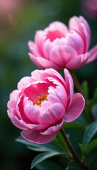 Soft pink peony blossoms, lush petals, blurred background, buds, beautiful, artistic