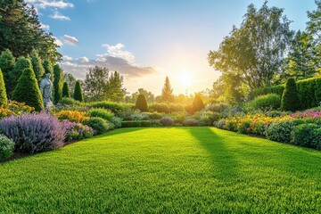 Obraz premium Panoramic view of an elegant garden with topiary trees, colorful flowers, and sculptures under a blue sky