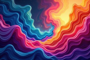 Swirling vibrant colors, dynamic shapes, layered textures, bright, art