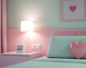 A cozy pastel bedroom with mint green walls, a pink heart pillow, and a stylish lamp, creating a warm and inviting atmosphere.