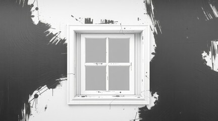 White window on a black splattered wall, featuring bold and artistic brushstrokes