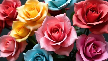 Vibrant paper roses, various colors, close-up, spring, festive
