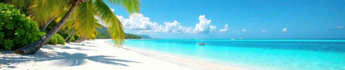 White sand, palm trees sway, clear blue water, clouds, sky, vacation