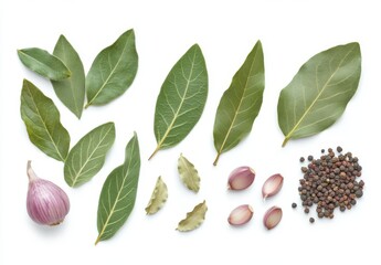 Fresh herbs and spices with bay leaves, shallots, and black peppercorns arranged artistically on a white background for culinary inspiration and recipe presentations