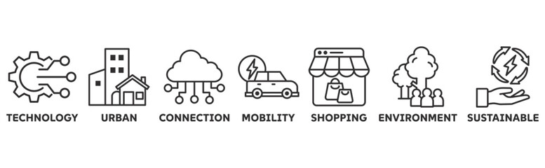 Smart City icon set illustration concept with icon of technology, urban, connection, mobility, shopping, environment, sustainable