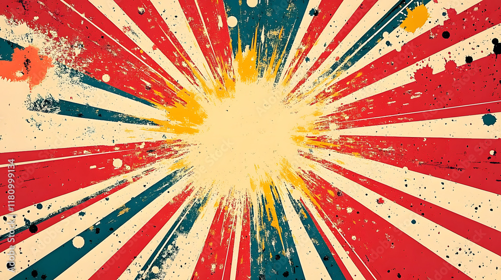 Poster retro-style burst graphic with vibrant rays and splatter effects, creating a dynamic and energetic v