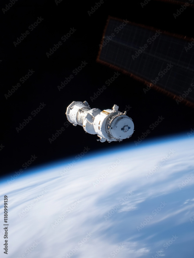 Poster spacecraft orbits earth, showcasing advanced technology and exploration. view highlights planet curv