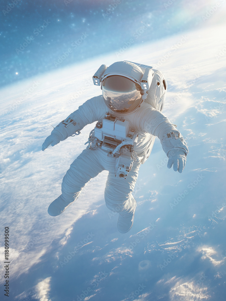 Poster astronaut floating in space above earth, surrounded by stars and clouds