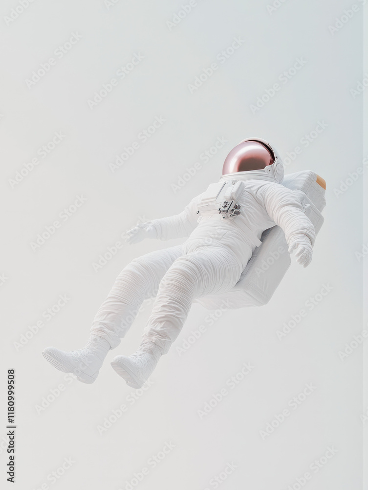 Poster futuristic astronaut in white suit floats in serene environment, evoking sense of wonder and explora