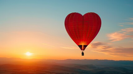 Obraz premium Vibrant Heart-Shaped Hot Air Balloon Gliding Over Scenic Landscape During Breathtaking Sunrise