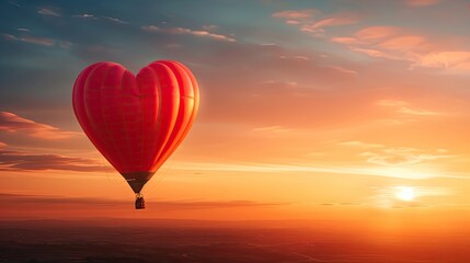 Fototapeta premium Heart-Shaped Hot Air Balloon Floating in a Colorful Sunset Sky Over Scenic Landscape