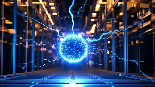 Bright blue energy ball surrounded by electrical currents in a futuristic environment