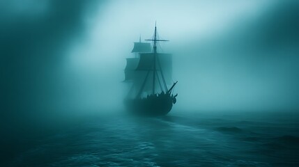 A Mysterious Sailing Ship in Thick Fog at Sea