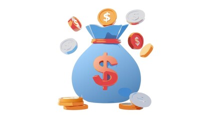 A cartoonish money bag surrounded by floating coins, symbolizing wealth and financial prosperity.