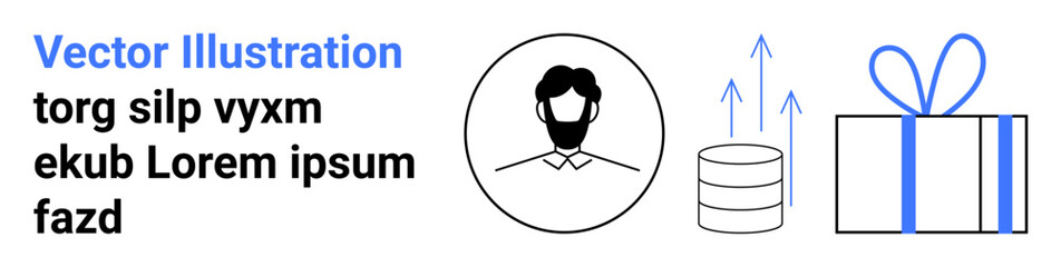 Profile avatar, database with growth arrows, and gift box with ribbon. Ideal for business analyses, reward systems, data growth visualization, user profiles, marketing strategies, achievements