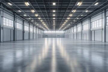 Fototapeta premium Vast Empty Warehouse Interior with Clean Floors and High Ceilings for Industrial Use