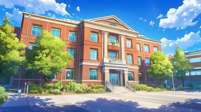 Anime school city building in visual novel game art style