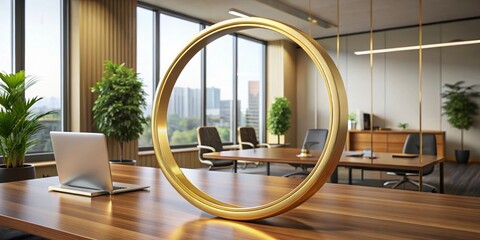 Elegant gold round circle frame on wooden desk, with a hint of luxury and sophistication in the office setting, interior design, sophistication