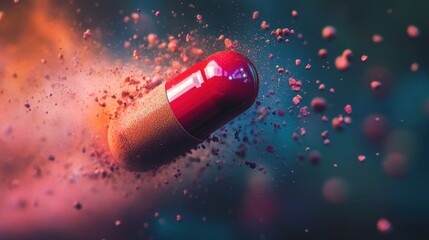 A vibrant red capsule bursts, releasing a cloud of colorful powder, symbolizing energy, health, or pharmaceuticals in an artistic display.
