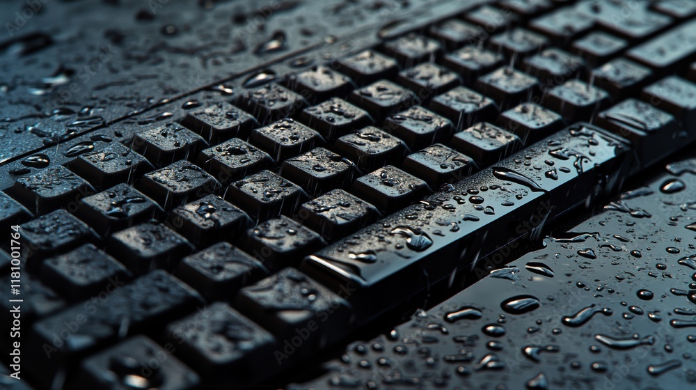 Poster close up of a keyboard drenched in water droplets highlighting a refreshing and invigorating tech at