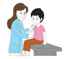 doctor and patient in hospital. Doctor Examining Child Patient Outline Coloring Page for Kids. Doctor examining a child patient with a stethoscope.