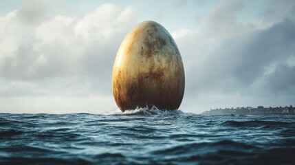 Giant Easter egg floats serenely in the ocean under a cloudy sky surrounded by gentle waves