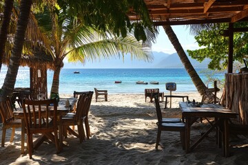 Scenic Coastal Eatery: Tropical Restaurant Surrounded by Palm Trees and Stunning Ocean Sunrises