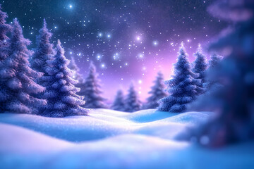 Winter nature background with frozen fir trees covered snow and ice at starry night. Beautiful aurora borealis in north pole, northern lights. Magic Christmas night. Color of 2025 year