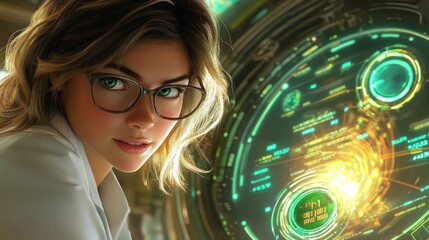 A female scientist in a white lab coat and glasses, looking intently at a test tube with a swirling, multicolored liquid inside, while holographic data charts project in the background.