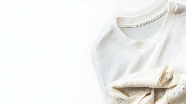 White shirt and beige sweater on white background, minimalist flat lay, ample copy space, ideal for apparel marketing.