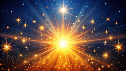 Naklejka premium Glowing golden light rays illuminating a starry night sky with vibrant orange hues and twinkling stars, set against a dark blue background , orange, dark blue